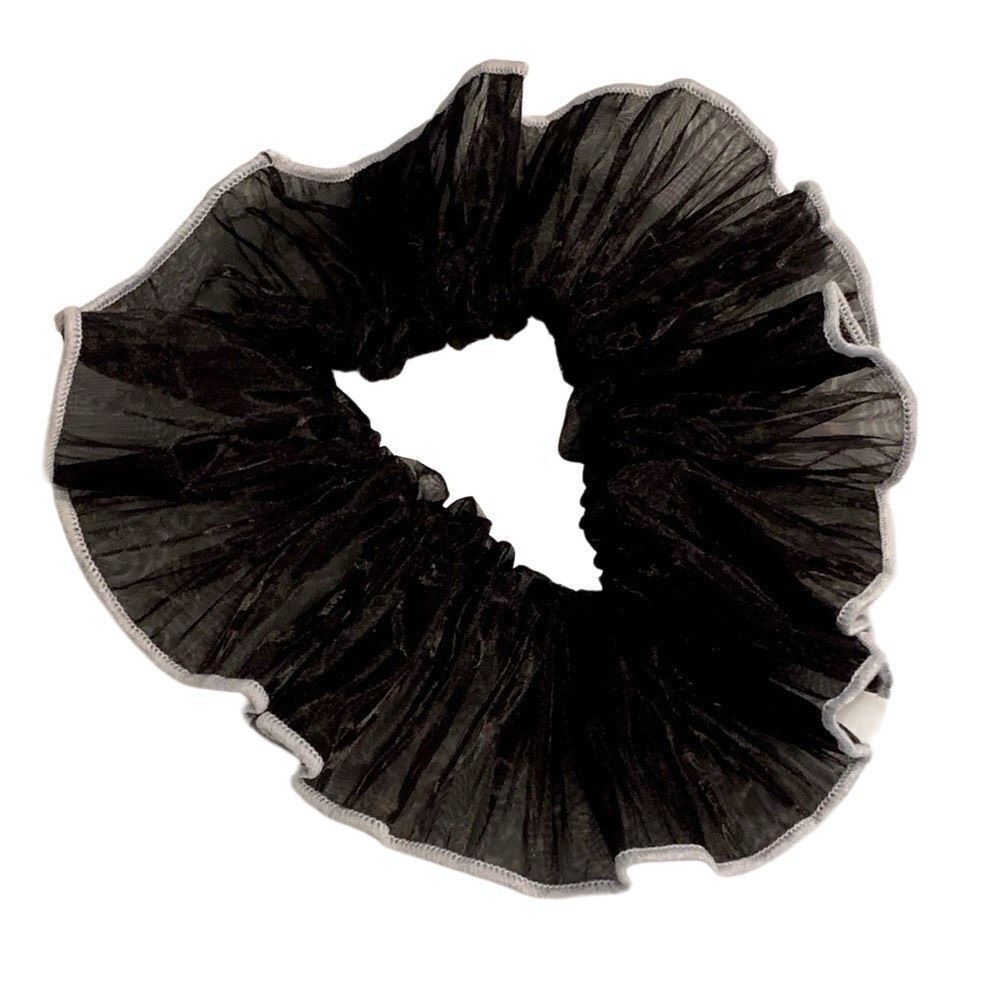 Black Organza Scrunchie with White Ruffle Edge – Handmade Hair Tie